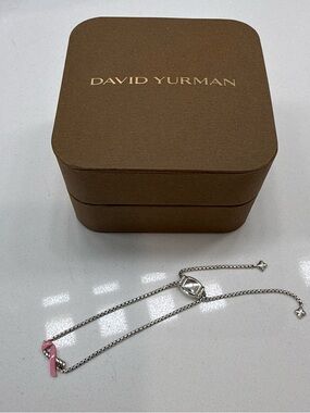 David Yurman Sterling Silver Cable Bracelet with Pink Ribbon Accent